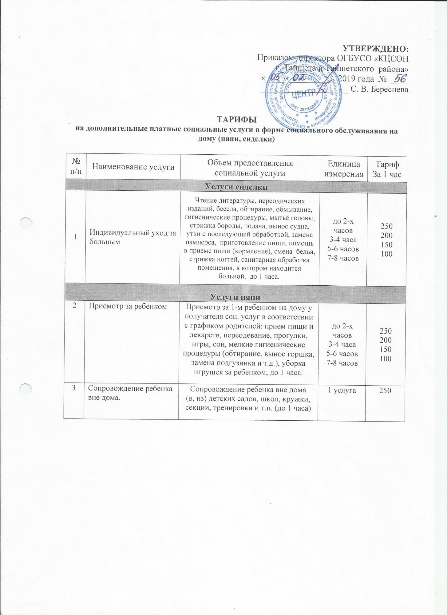 тарифы на доп. плат. соц услуги (няни, сиделки)